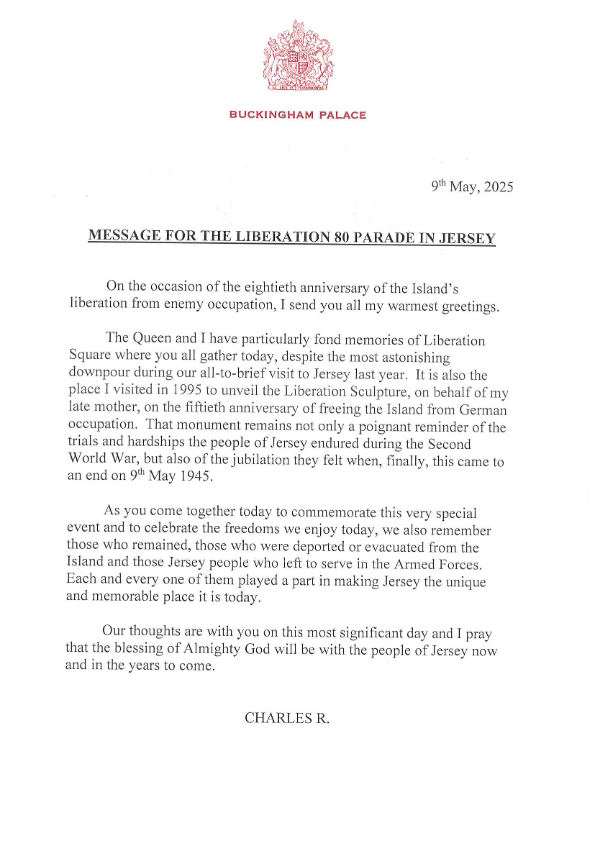 Message from His Majesty The King for Liberation 80 Parade in Jersey